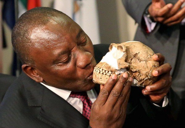 South Africa's Deputy President Cyril Ramaphosa kisses a replica of the skull of a newly discovered ancient species, named "Homo naledi", during its unveiling outside Johannesburg