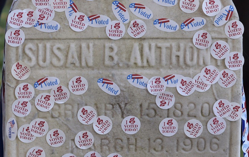 The grave of women's suffrage leader Susan B. Anthony is pictured covered with "I Voted" stickers from the U.S. presidential election at Mount Hope Cemetery in Rochester